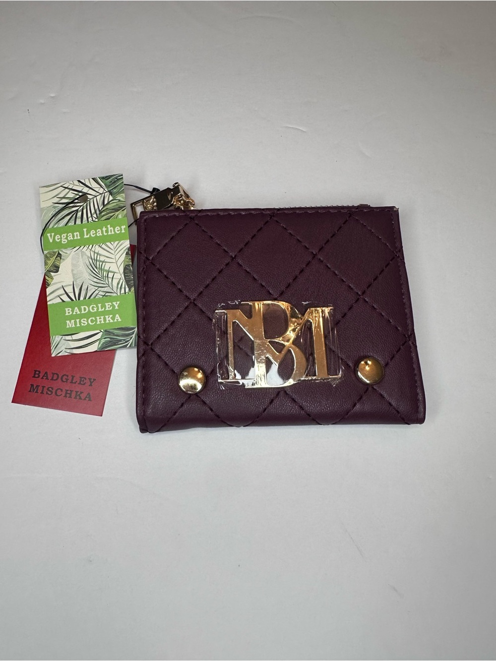 Badgley Mischka Quilted Vegan Leather Wallet - Plum with Gold Hardware